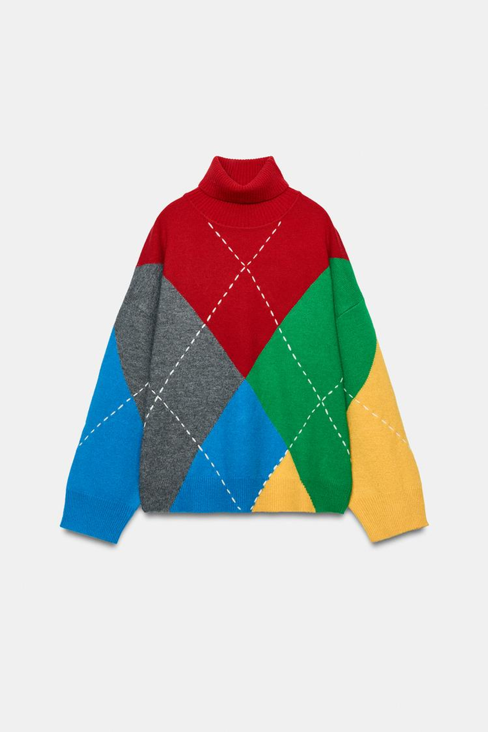 ZARA СВИТЕР ОВЕРСАЙЗ С УЗОРОМ «РОМБЫ», РАЗНОЦВЕТНЫЙ