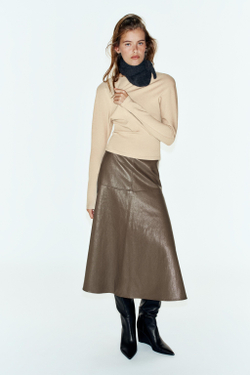 ZARA ФУТБОЛКА ОБТЯГИВАЮЩАЯ С ДЛИННЫМИ РУКАВАМИ, БЕЖЕВЫЙ МЕЛАНЖ