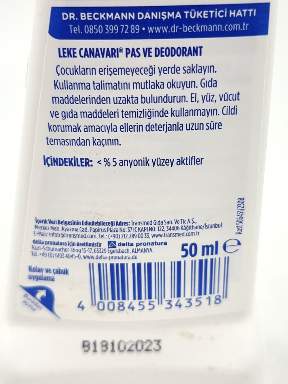 Dr. Beckmann Пятновыводитель Leke Canavari Pas & Deodorant от ржавчины, дезодоранта и пота 50 мл