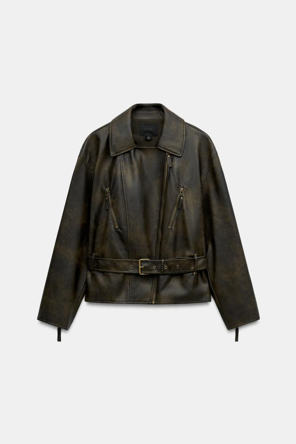 ZARA КУРТКА ИЗ ИСКУССТВЕННОЙ КОЖИ С ПОЯСОМ, ТЕМНЫЙ ХАКИ