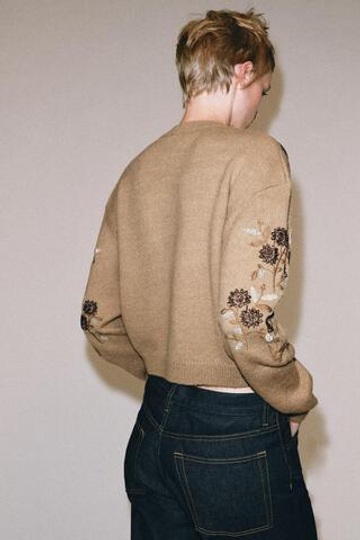 ZARA ТРИКОТАЖНЫЙ КАРДИГАН С ВЫШИВКОЙ И БУСИНАМИ, РЫЖЕВАТО-КОРИЧНЕВЫЙ