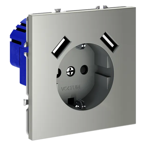 Розетка с заземлением и защитными шторками, с USB, A+A Voltum S70 Сталь VLS040405