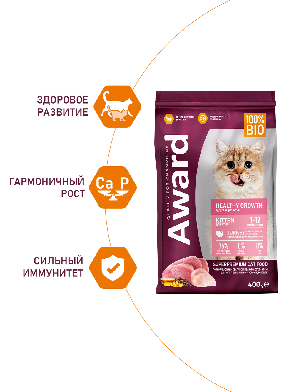 Сухой корм AWARD Healthy growth для котят от 1 месяца, беременных и кормящих кошек с индейкой и курицей с добавлением рыбьего жира и семян льна