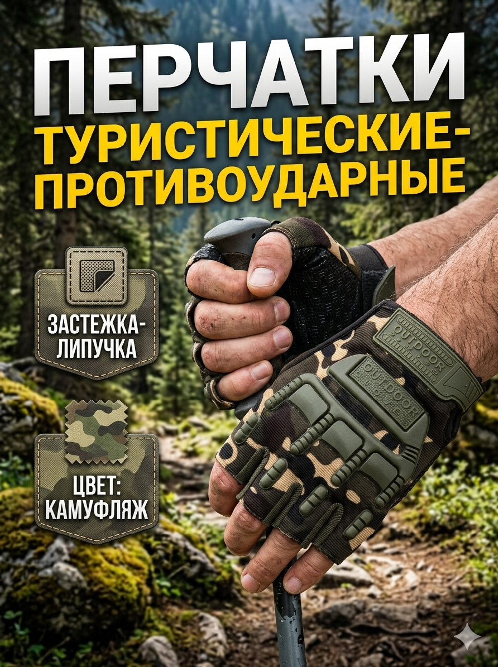 Перчатки туристические камуфляж без пальцев KF75