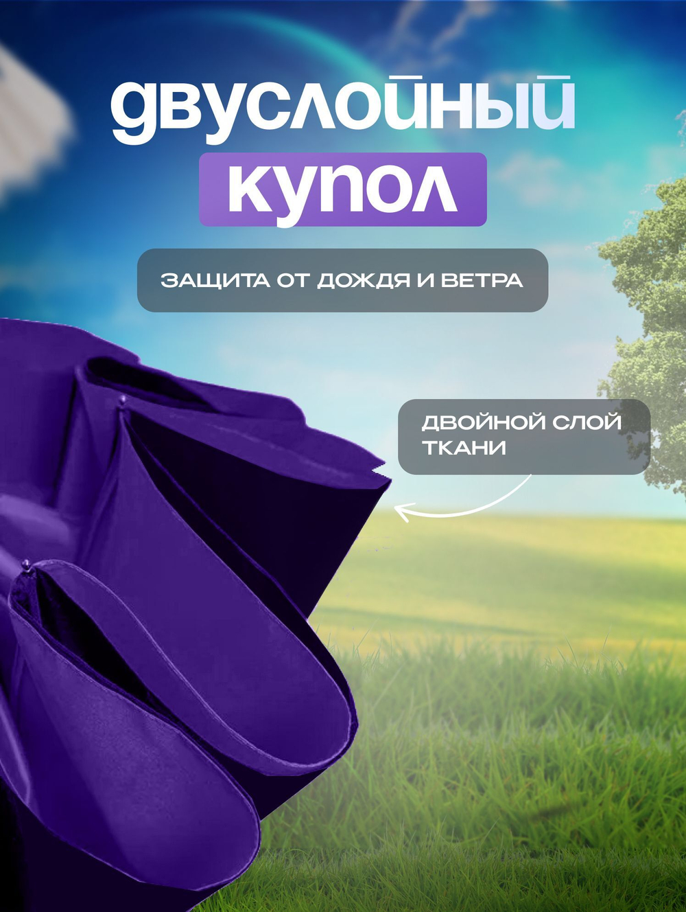 Зонт автомат c системой антиветер женский и мужской большой купол 10 спиц. Цвет синий.