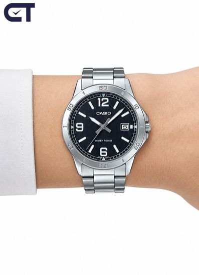 Casio MTP-V004D-1B2 General часы наручные мужские — чёрный циферблат с арабскими цифрами и стальным браслетом