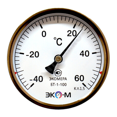Термометр биметаллический осевой Дк100 -40+60С L=100мм G1/2" БТ-1 ЭКОМЕРА БТ-1-100-40...60С-L100