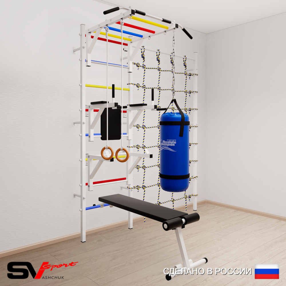 Шведская стенка Sv Sport усиленная 66110 (Турник рукоход/Брусья/Стойка/Скамья/Кольца/Цепь/Мешок 15кг/Канатный лаз)