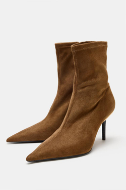 ZARA БОТИЛЬОНЫ НА ШПИЛЬКЕ С МЕТАЛЛИЧЕСКОЙ ДЕТАЛЬЮ, СЕРО-КОРИЧНЕВЫЙ