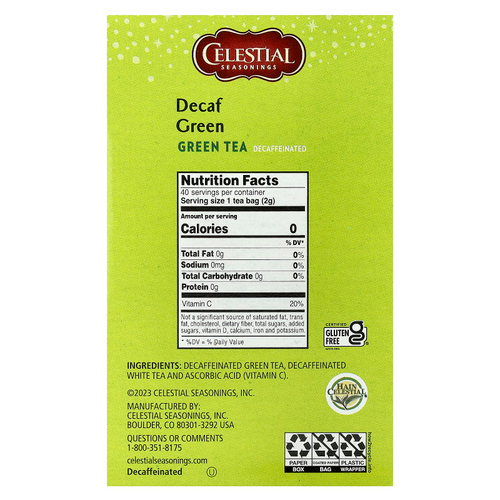 Celestial Seasonings, Зеленый чай, без кофеина, 40 чайных пакетиков, 74 г (2,6 унции)