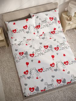 Постельное белье поплин Сказка "Lovecats" 2-спальное Наволочка 50х70 см 2 шт Простынь на резинке 160x200 см Пододеяльник 175x215 см