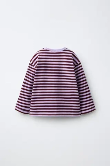 ZARA ЛОНГСЛИВ В ПОЛОСКУ С ВЫШИВКОЙ «СЕРДЦЕ», ЦВЕТ МАЛЬВЫ