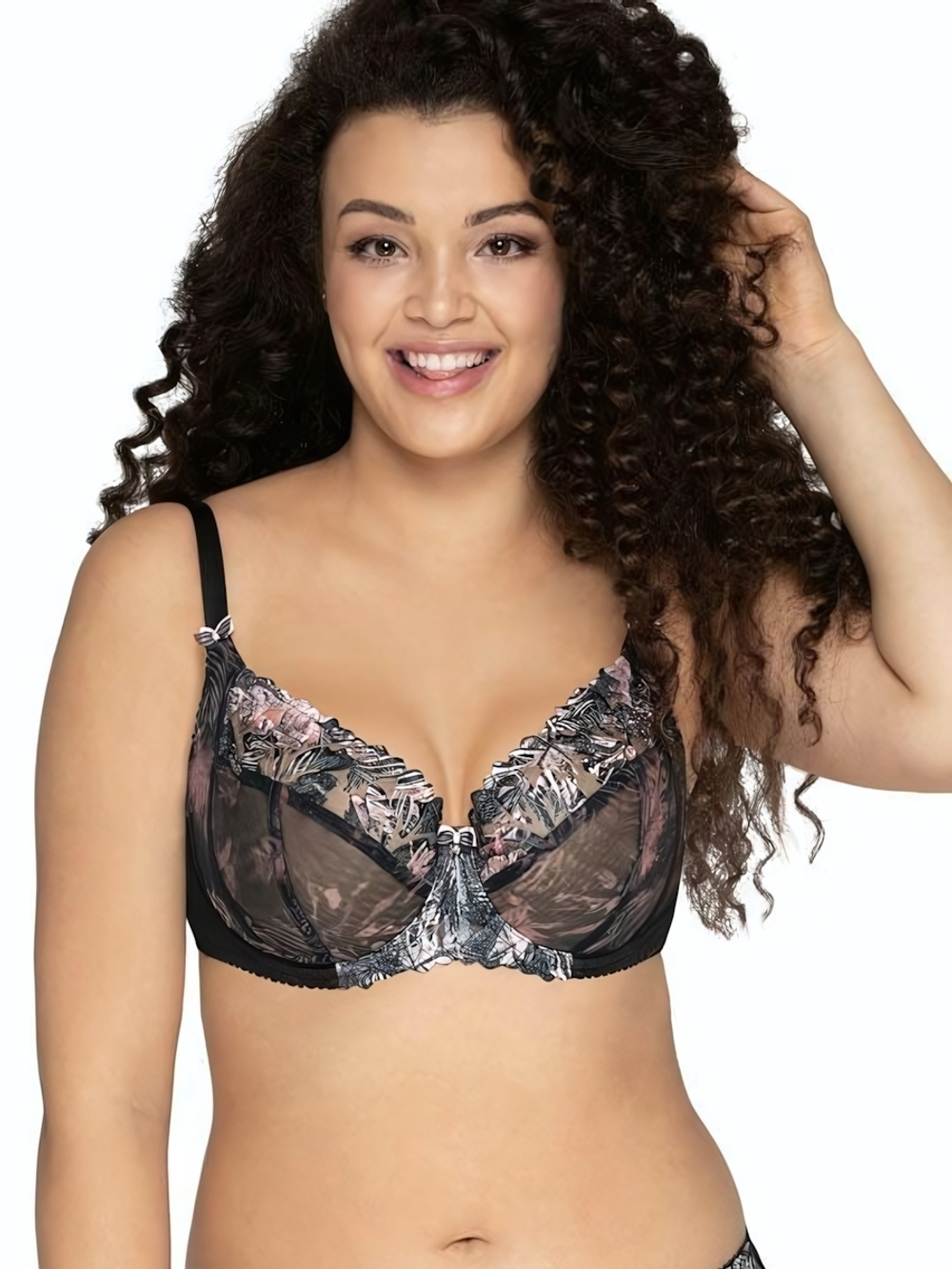 Бюстгальтер на косточках с трехцветной вышивкой на plus size чашках (Размер: 75L) (Цвет: черный)