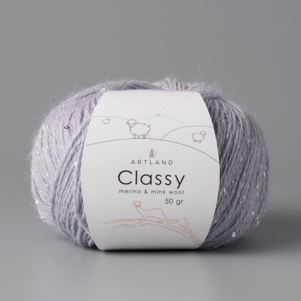 Classy, пряжа с люрексом и пайетками, шелк-5%, мериносовая шерсть-20%, нейлон-30%, норка-45%, 50 гр, 240 м, серо-голубой