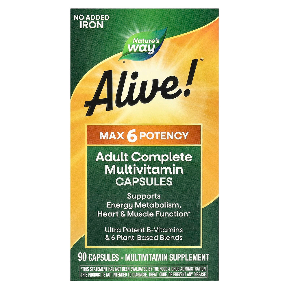 Nature's Way, Alive! Max6 Potency, мультивитамины повышенной эффективности, без добавления железа, 90 капсул