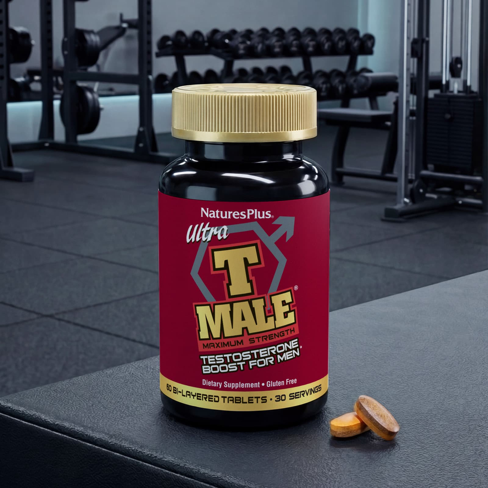 NaturesPlus, Ultra T-Male®, добавка тестостерона для мужчин, максимальная сила действия, 60 двухслойных таблеток