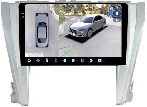 Магнитола для Toyota Camry 55 2014-2018 (рамка серебро) - FarCar BX466M-360 монитор 10.36" 2K QLED на Android 13, Быстрая, CarPlay, 4G SIM-слот, 4 камеры в комплекте