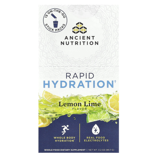 Ancient Nutrition, Rapid Hydration, лимон и лайм, 15 упаковок в виде стиков, по 6 г (0,2 унции)