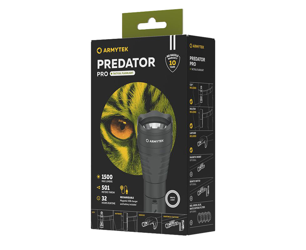Фонарь светодиодный тактический Armytek Predator Pro Magnet USB, 1500 лм, холодный свет, аккумулятор