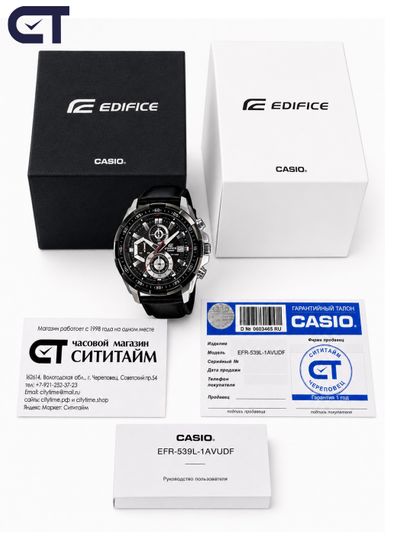 CASIO EFR-539L-1AVUDF EDIFICE мужские наручные часы — крупный хронограф с чёрным циферблатом и кожаным ремешком