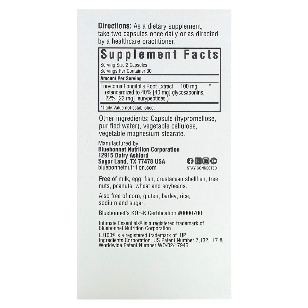 Bluebonnet Nutrition, Intimate Essentials, Lj100, 60 растительных капсул (50 мг на капсулу)