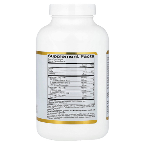 California Gold Nutrition, омега-3, 6 и 9, с рыбьим жиром с омега-3 и маслом семян бурачника, ЭПК, ДГК, ГЛК и линолевая кислота, натуральный лимон, 180 капсул из рыбьего желатина