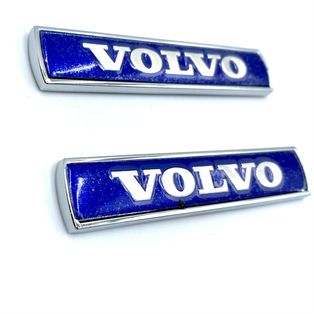 Шильд Volvo объемный металлический (наклейка Вольво, 7,5х1,5см). 2 шт в комплекте. Синий цвет с серебристой надписью