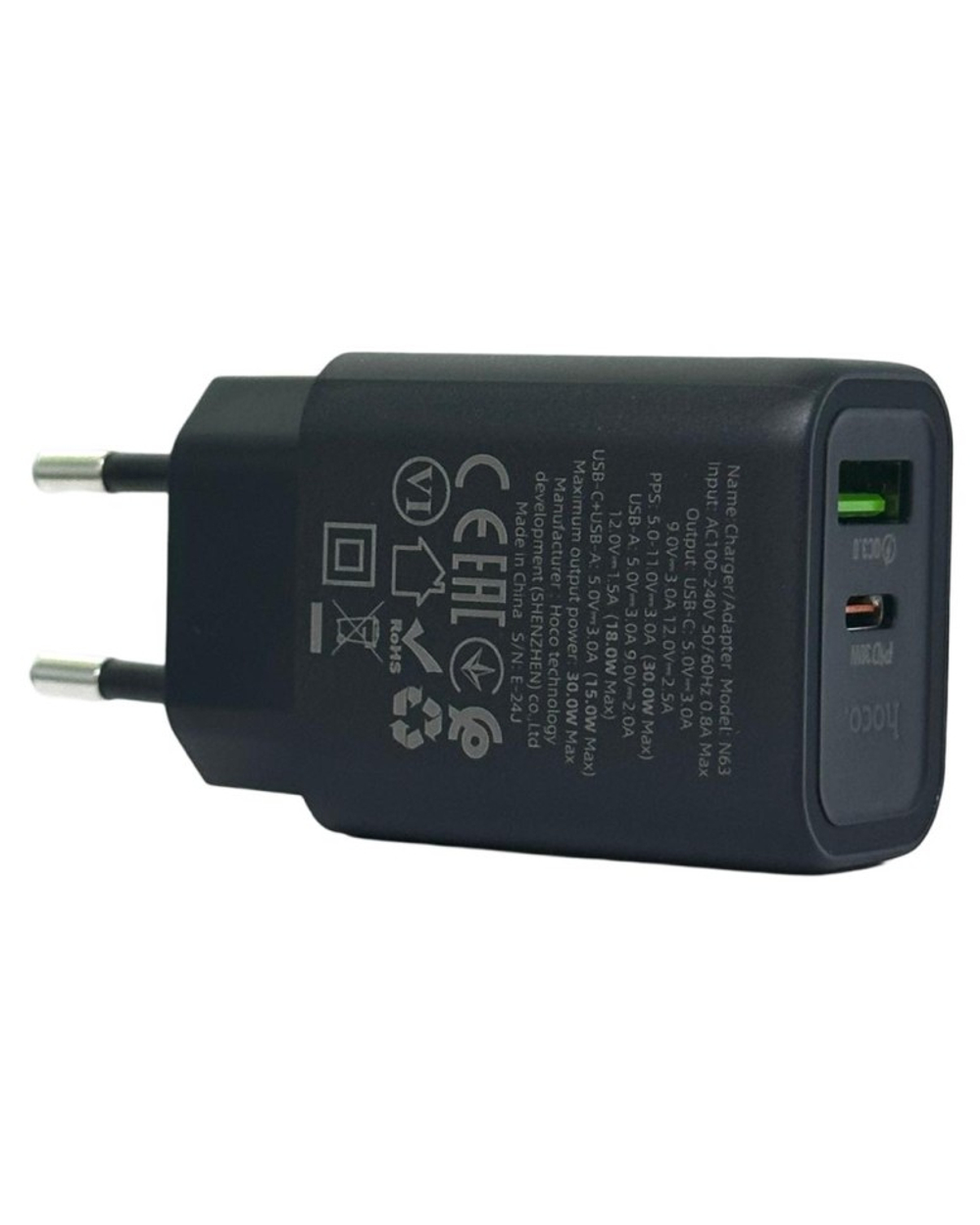 Сетевое зар. устр. Hoco N63 1USB/1С PD/QC3.0 3A 30W белое