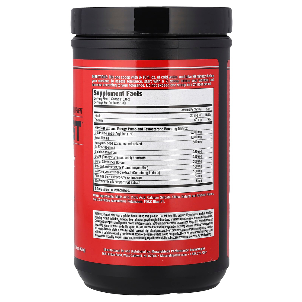 MuscleMeds, Nitrotest™, андрогенный предтренировочный усилитель, голубая малина, 474 г (16,72 унции)