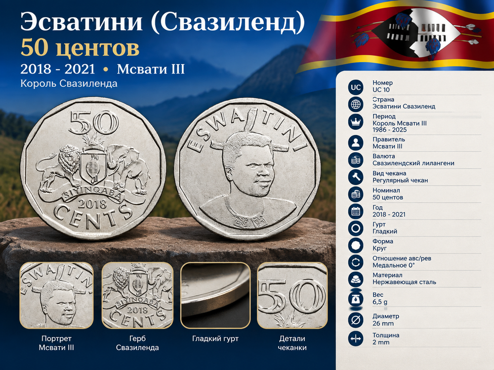 Эсватини (Свазиленд) 50 центов, 2018 Мсвати III XF