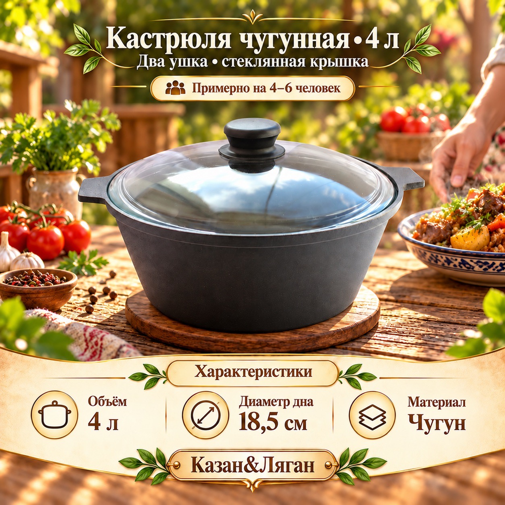 Кастрюля чугунная 4л со стеклянной крышкой