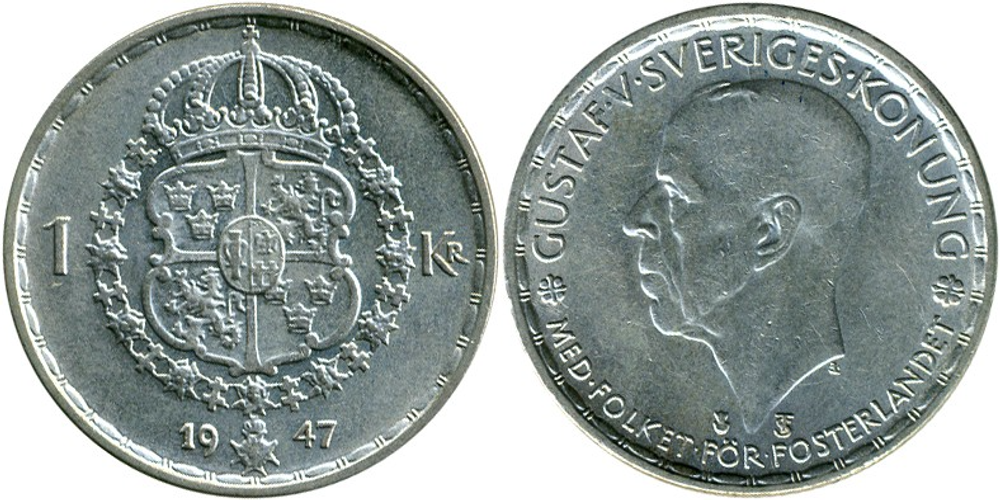 Швеция 1 крона, 1942 - 1950 Король Густав V VF