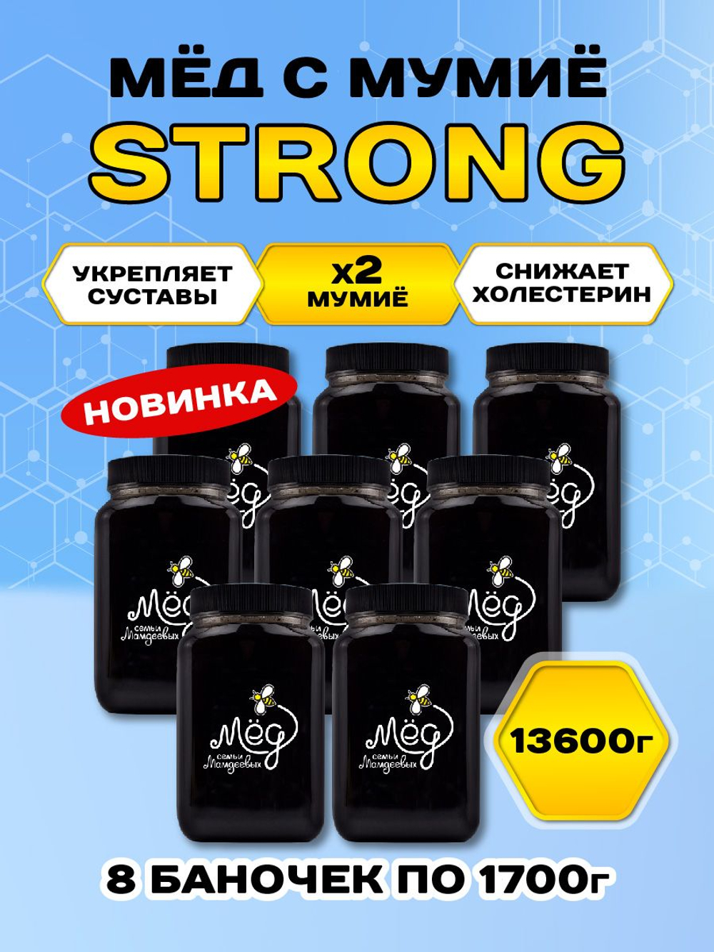 Мёд натуральный с мумие STRONG набор (8 банок по 1700 г), 13600 г