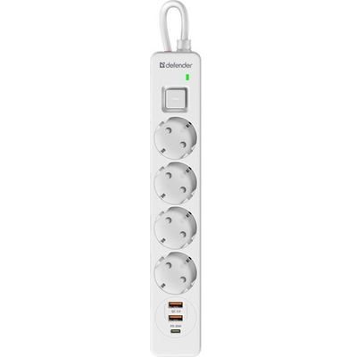 Удлинитель с сетевым фильтром Defender DFS 143, белый, 4розетки, USB+TypeC, 3 м.