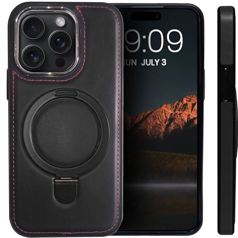 Business style чехол из кожи для IPHONE 15 PRO MAX с кольцом-подставкой и бархатной подкладкой
