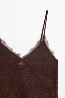 Massimo Dutti Топ с кружевной отделкой и бретелями, коричневый