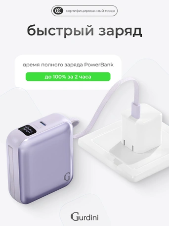 Внешний аккумулятор Gurdini Flow Power (CCC) 10000 mAh 20W ( built-in cables) USB-C/Lightning Light Purple