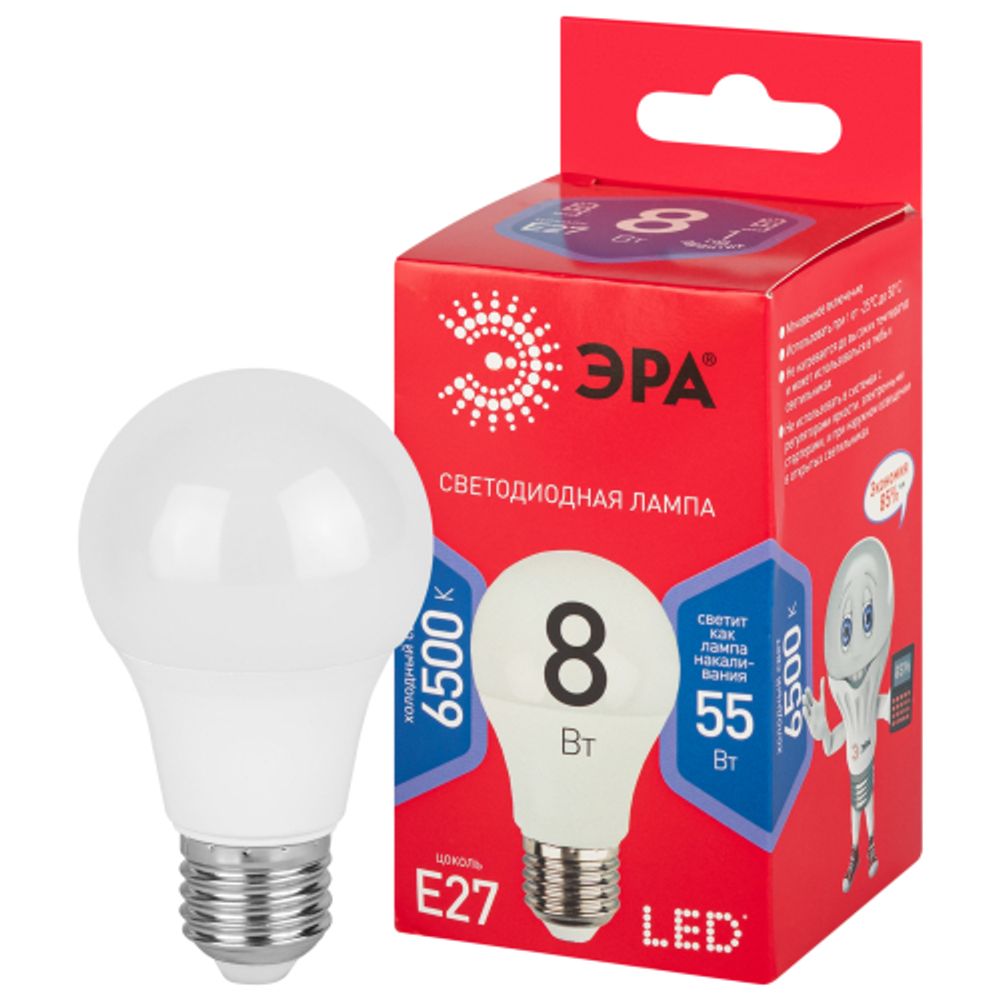 Лампа светодиодная ЭРА RED LINE LED A55-8W-865-E27 R 8Вт груша холодный дневной свет Е27 | Лампы cветодиодные Груша (A)