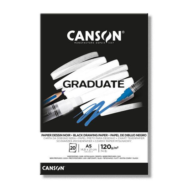 Альбом для смешанных техник Graduate 120 г/м², A5 14.8х21 см, склейка с одной стороны 20 л, черная бумага, Canson C400110385