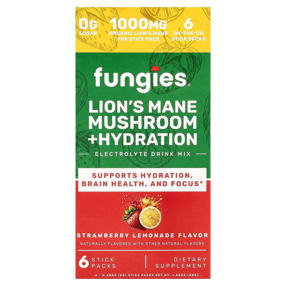 Fungies, ежовик гребенчатый, гриб, гидратация, смесь для приготовления электролитического напитка, клубничный лимонад, 6 пакетиков по 8 г (0,28 унции)