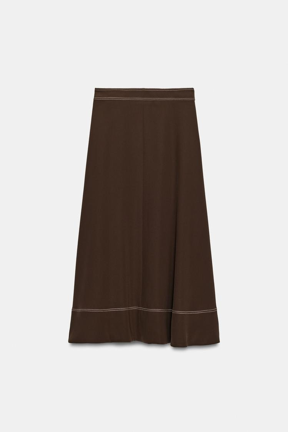 ZARA ЮБКА МИДИ С КОНТРАСТНОЙ ОТСТРОЧКОЙ, КОРИЧНЕВЫЙ
