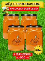 Мёд натуральный с прополисом набор (4 банки по 950 г), 3800 г