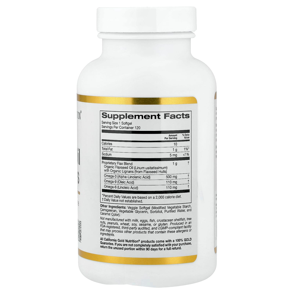 California Gold Nutrition, льняное масло холодного отжима с лигнанами, 120 вегетарианских капсул (1 г в 1 капсуле)