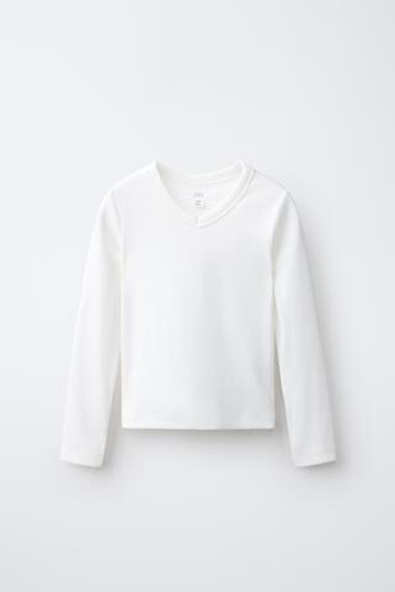 ZARA ФУТБОЛКА В РУБЧИК С V-ОБРАЗНЫМ ВЫРЕЗОМ, БЕЛЫЙ