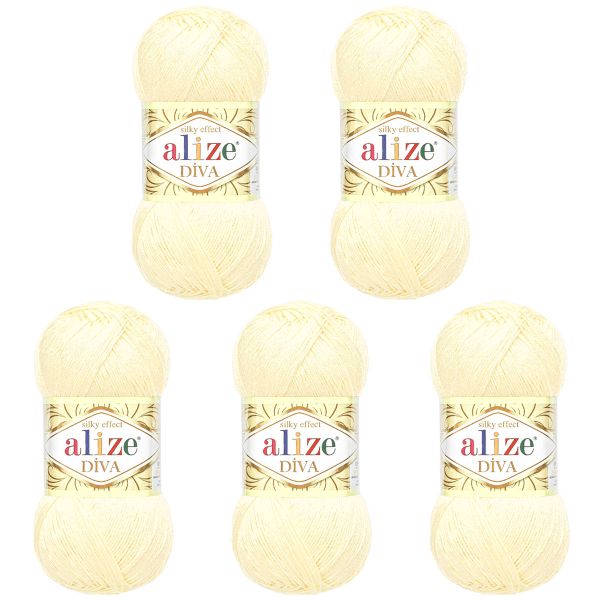 Пряжа Alize (Ализе) Diva / уп.5 мот. по 100 г, 350м, 001 кремовый A