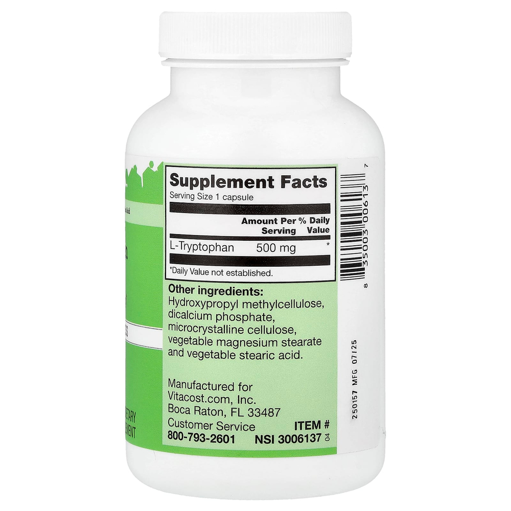 Vitacost, L-Tryptophan, 500 mg, 120 Capsules