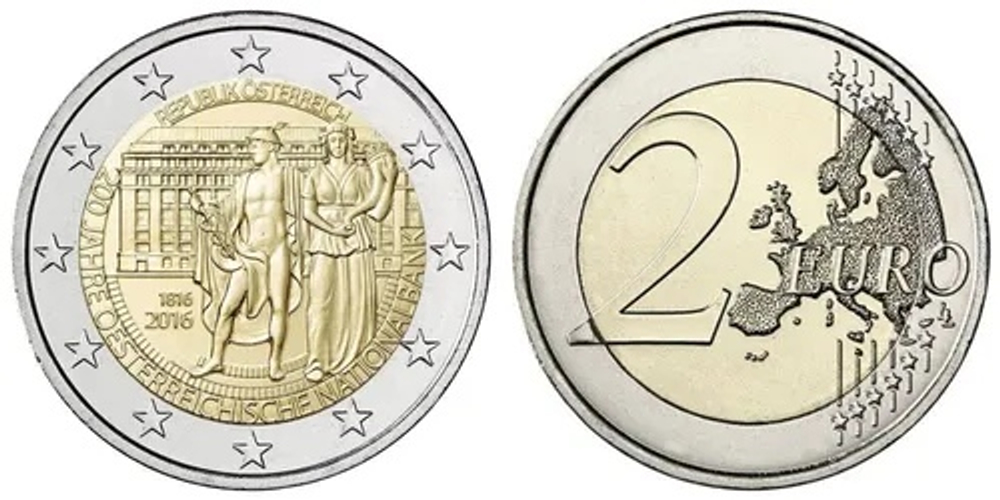 Австрия 2 евро 2016 200 лет Национальному банку XF