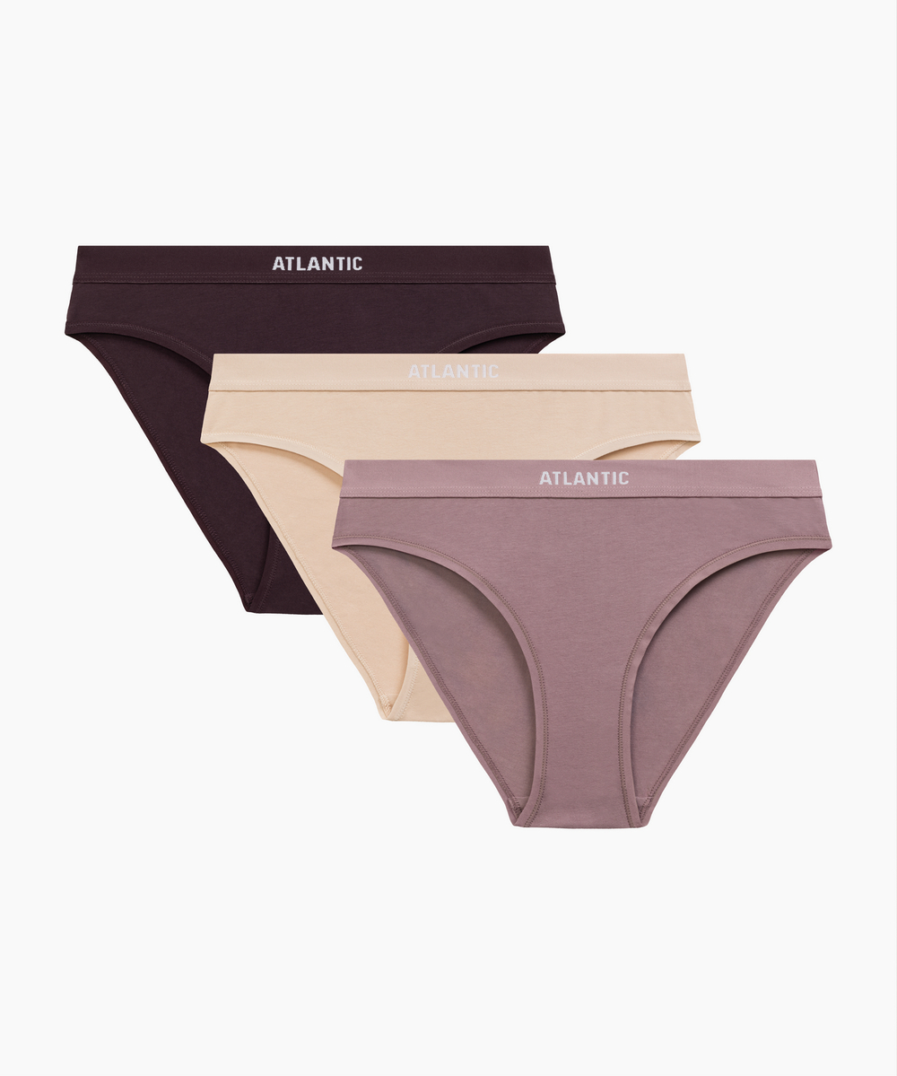 Трусы женские спорт Atlantic, набор из 3 шт., хлопок, темная пепельная роза + фиолетовый + темно-бежевый, 3CLP-012