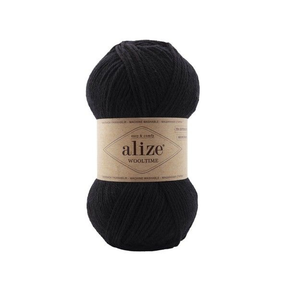 Вултайм (Wooltime) пряжа Alize 75%SWшерсть 25%полиамид 5х100г/200м (60 ЧЕРНЫЙ)