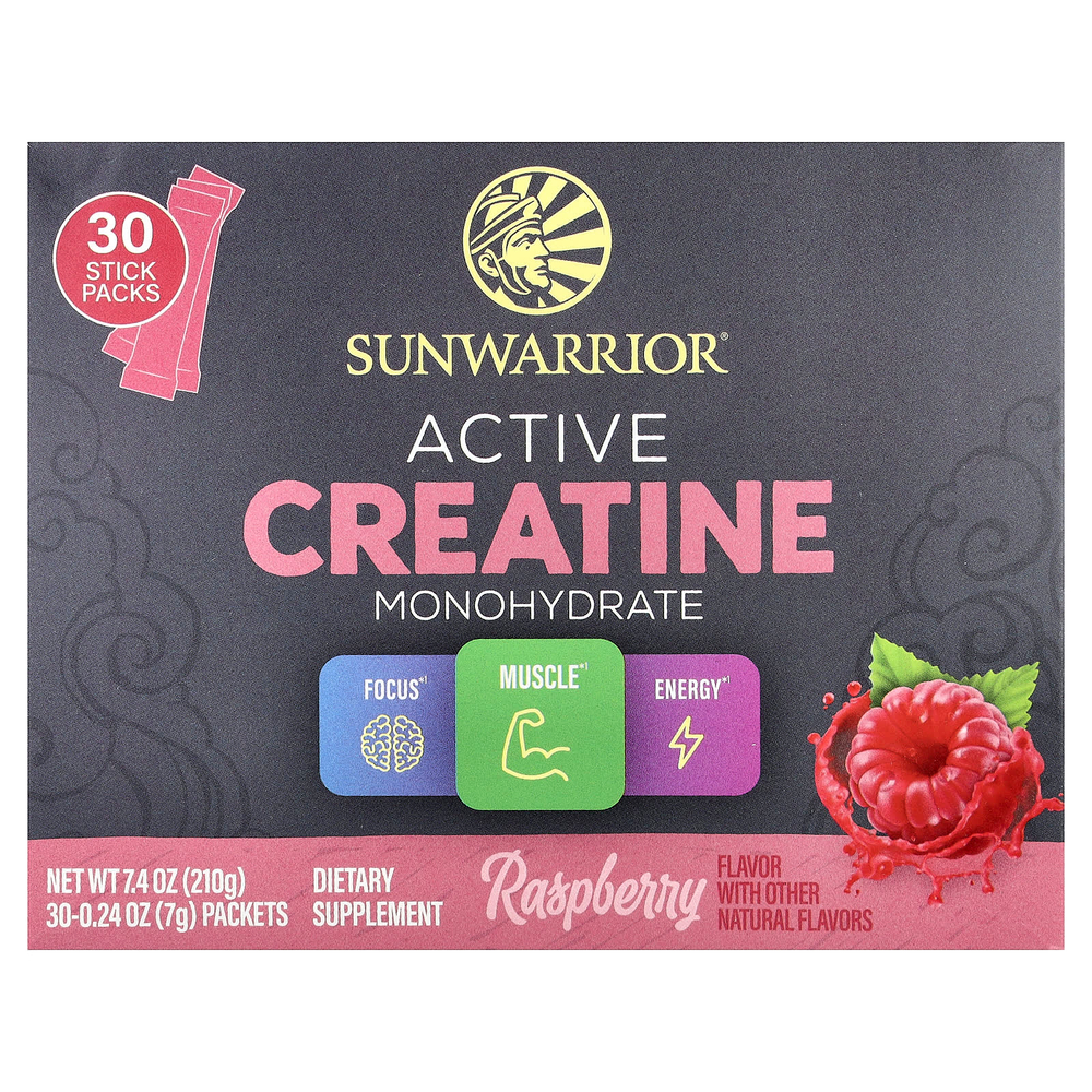 Sunwarrior, активный моногидрат креатина, малина, 30 пакетиков по 7 г (0,24 унции)